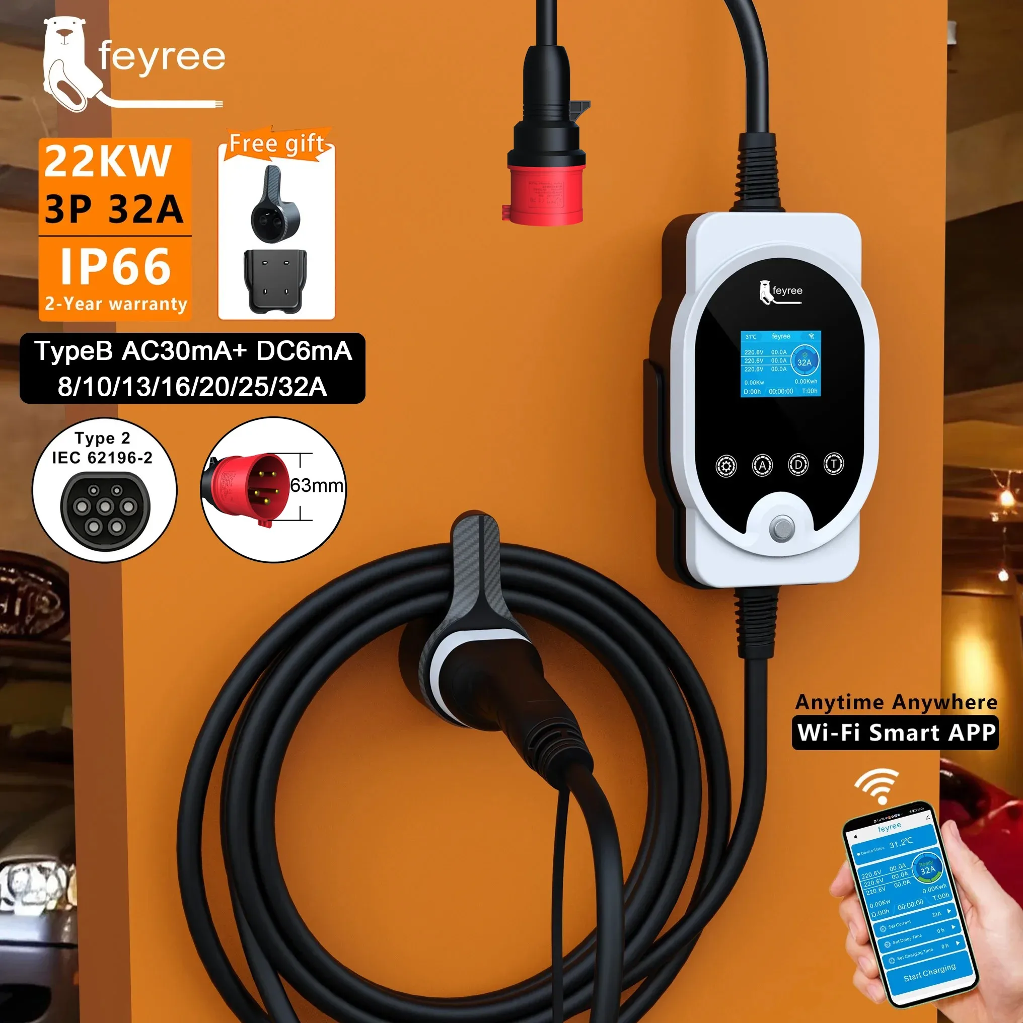Ev Charger Type 2 22Kw 32A 3 Phase - Зарядная станция Feyree 22 кВт Type2: