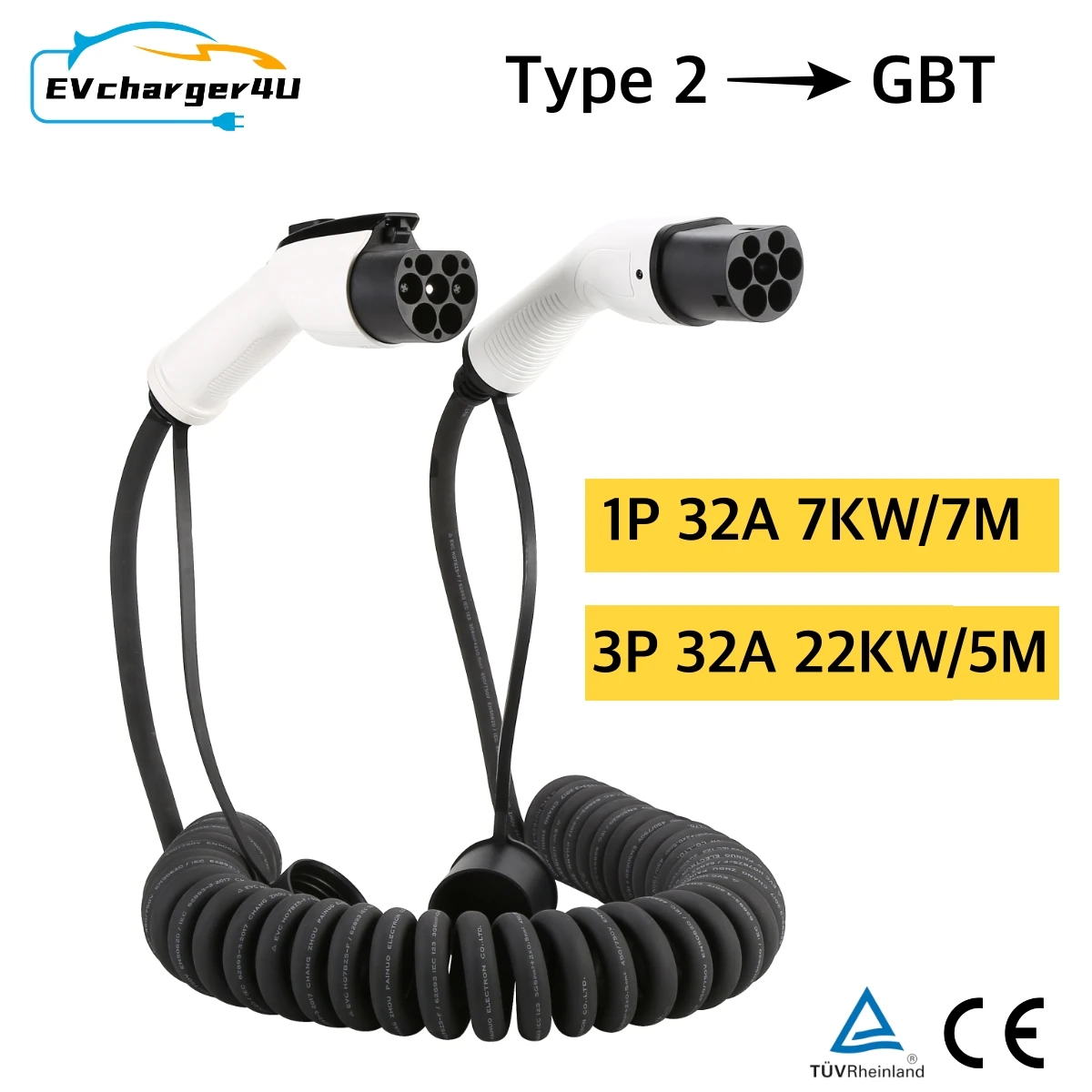 Ev Charger Type 2 22Kw 32A 3 Phase - EVcharger4U 5 м/7 м спиральный кабель